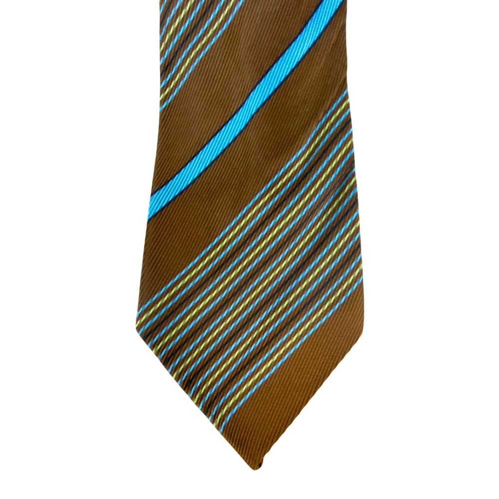 VTG Mens Tie Copper Rust Brown Light Blue Yellow Diagonal Rep Stripe 52x3.25